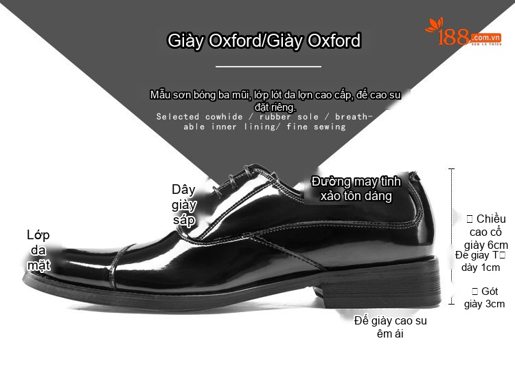 Giày Tây Buộc Dây Nam Da Bóng Chiều Cao Đế Khoảng 3cm Màu Đen chi tiết 2