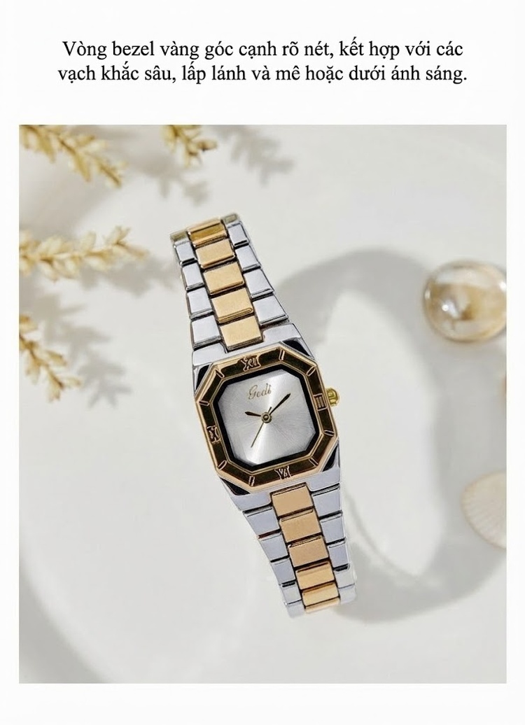 Đồng Hồ Nữ Gedi Dây Kim Loại Mạ Vàng Mặt Vuông Quartz Cao Cấp Màu Vàng, Bạc, Đen chi tiết 3