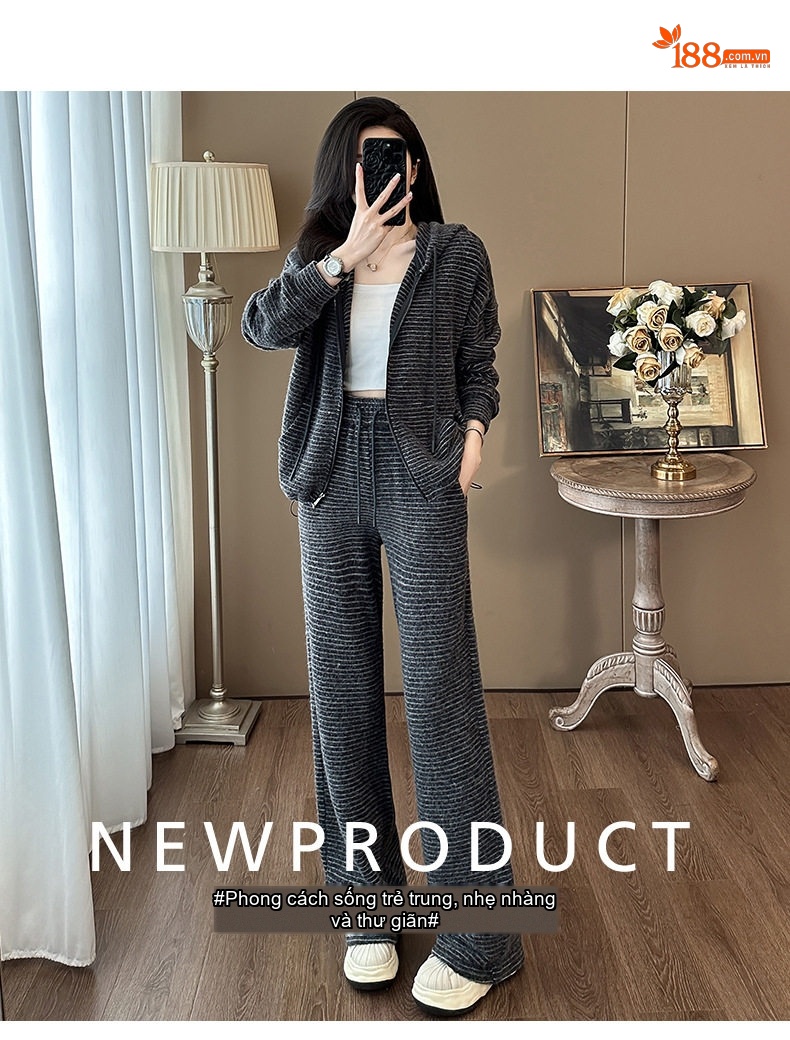 Bộ Đồ Nữ Áo Khoác Có Mũ Kéo Khóa Quần Ống Rộng Kẻ Sọc Lót Lông Dày Dặn Phong Cách Hàn Quốc Màu Xám chi tiết 2
