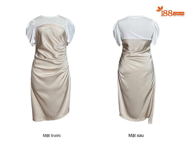 Váy liền thân Nữ Tay Ngắn Chất Liệu Axetat Satin Phối Nhún Eo Thon Dáng Ngắn Màu Đen, Trắng Kem chi tiết 7
