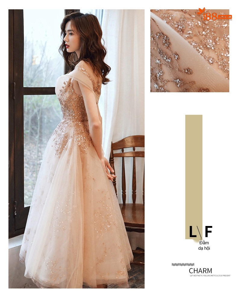 Váy Dạ Hội Nữ Pháp Kiểu Hepburn Màu Champagne Khí Chất Tiệc Tối chi tiết 7