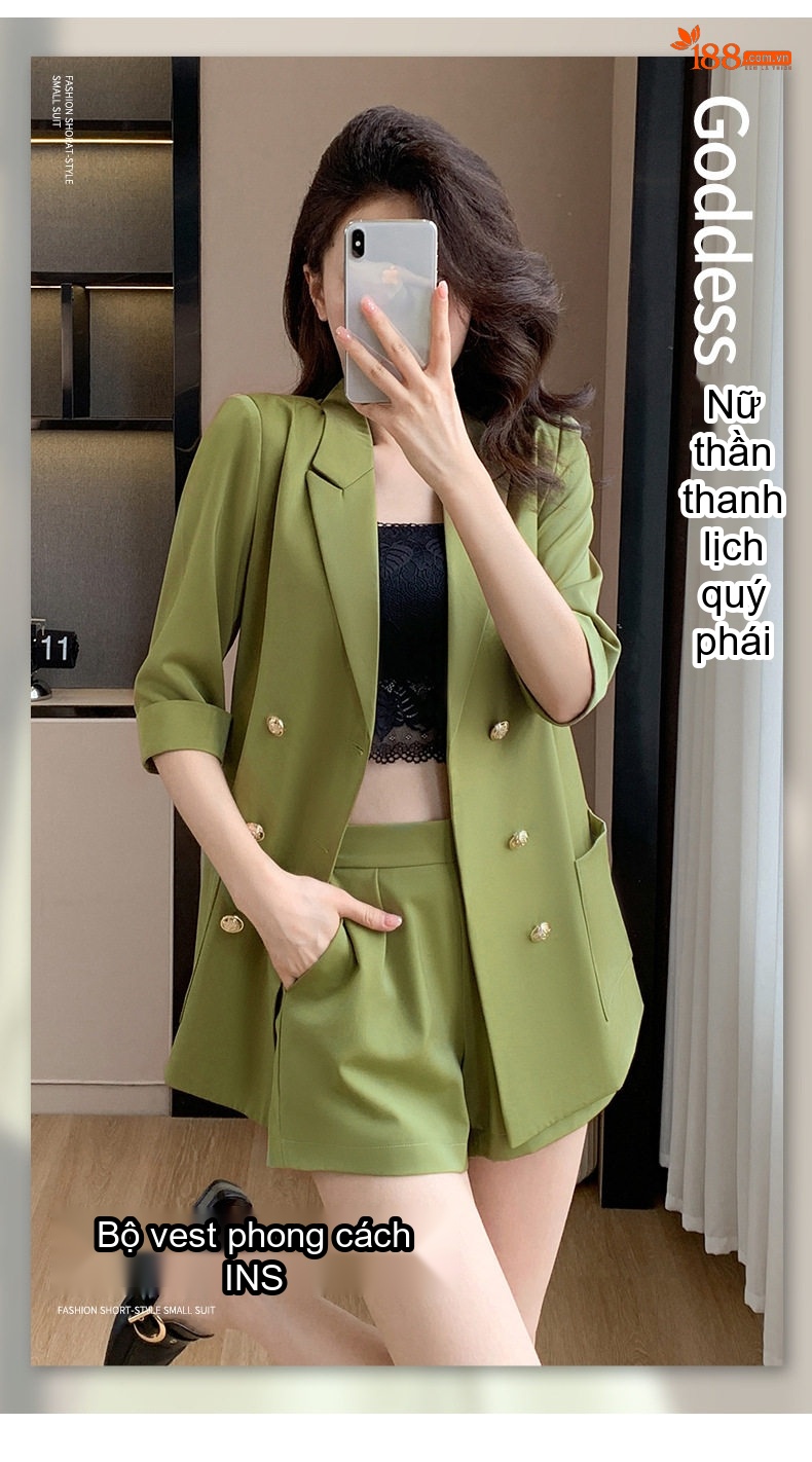 Bộ Vest Nữ Mùa Hè Áo Blazer Tay Lỡ Quần Short Ống Rộng Màu Xanh Lá, Kaki chi tiết 2