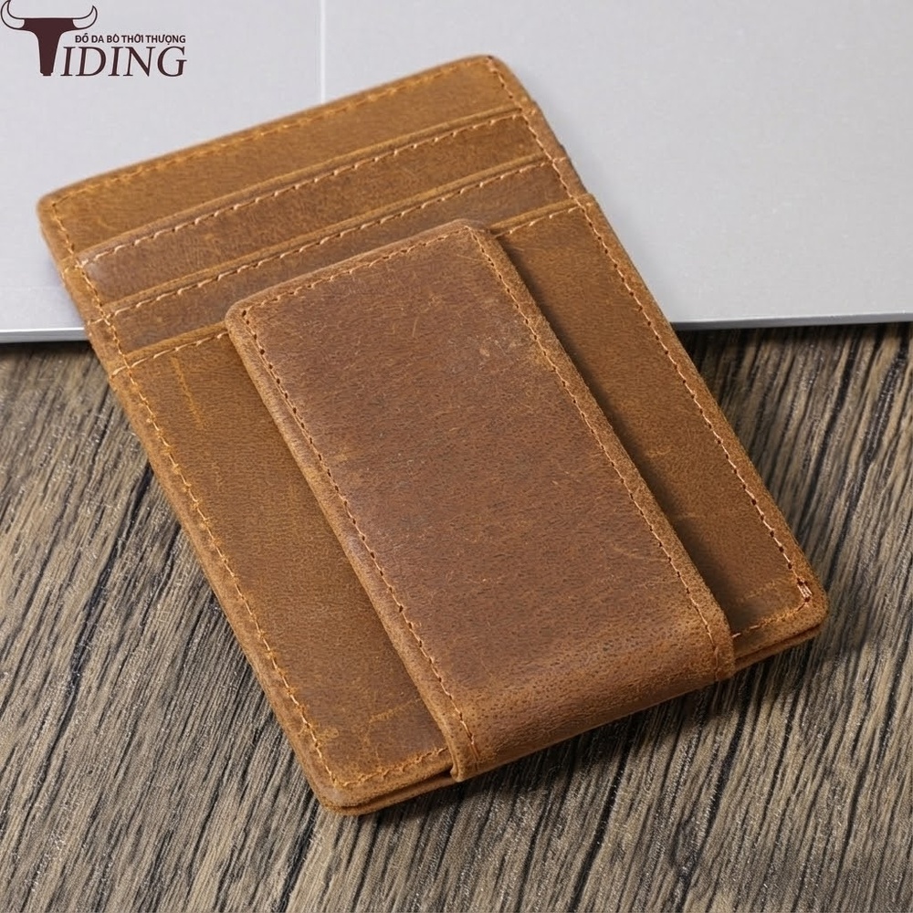 Ví Da Bò Ngắn RFID Chống Trộm Có Kẹp Tiền Màu Nâu, Đen