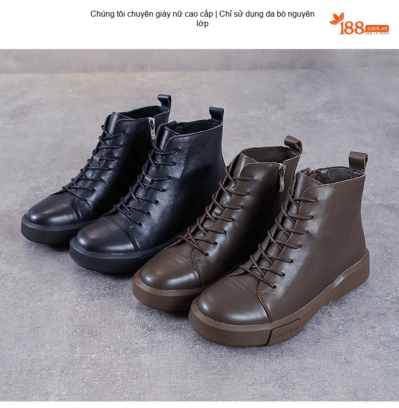 Boot Nữ Da Bò Cổ Lửng Khóa Bên Hông Chiều Cao Đế Khoảng 3cm Màu Đen, Nâu chi tiết 2
