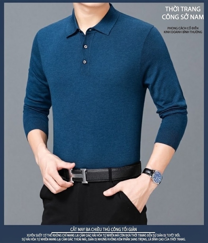 Áo Thun Polo Nam Dài Tay Cashmere Dáng Ôm Vừa Vặn Màu Đen, Đỏ, Xanh Dương, Xám... chi tiết 17