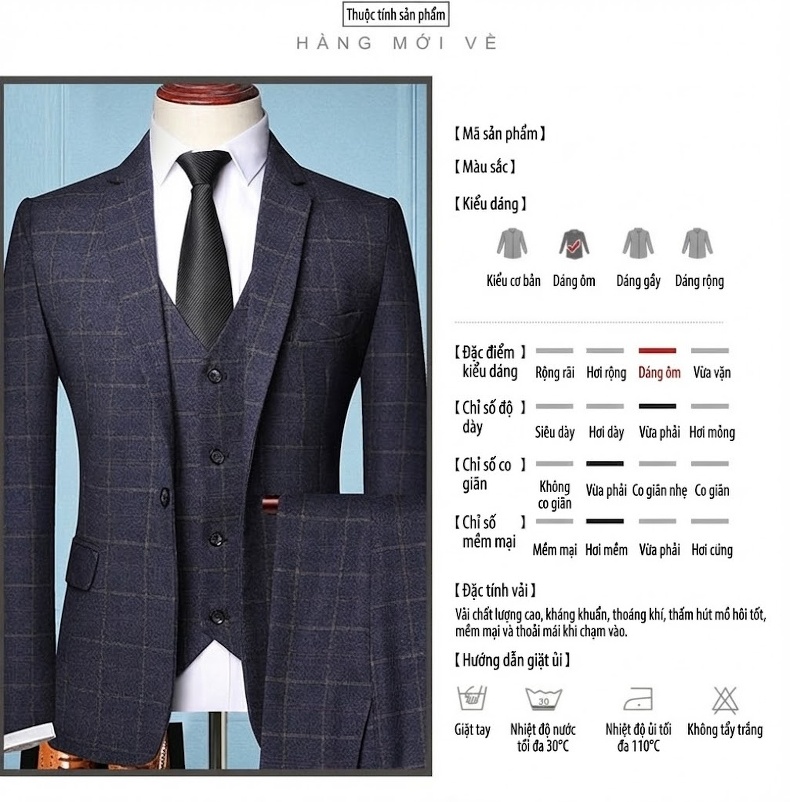 Bộ Vest Nam Kẻ Caro 3 Món Phong Cách Doanh Nhân Trẻ Trung Màu Xám, Xanh Dương chi tiết 7