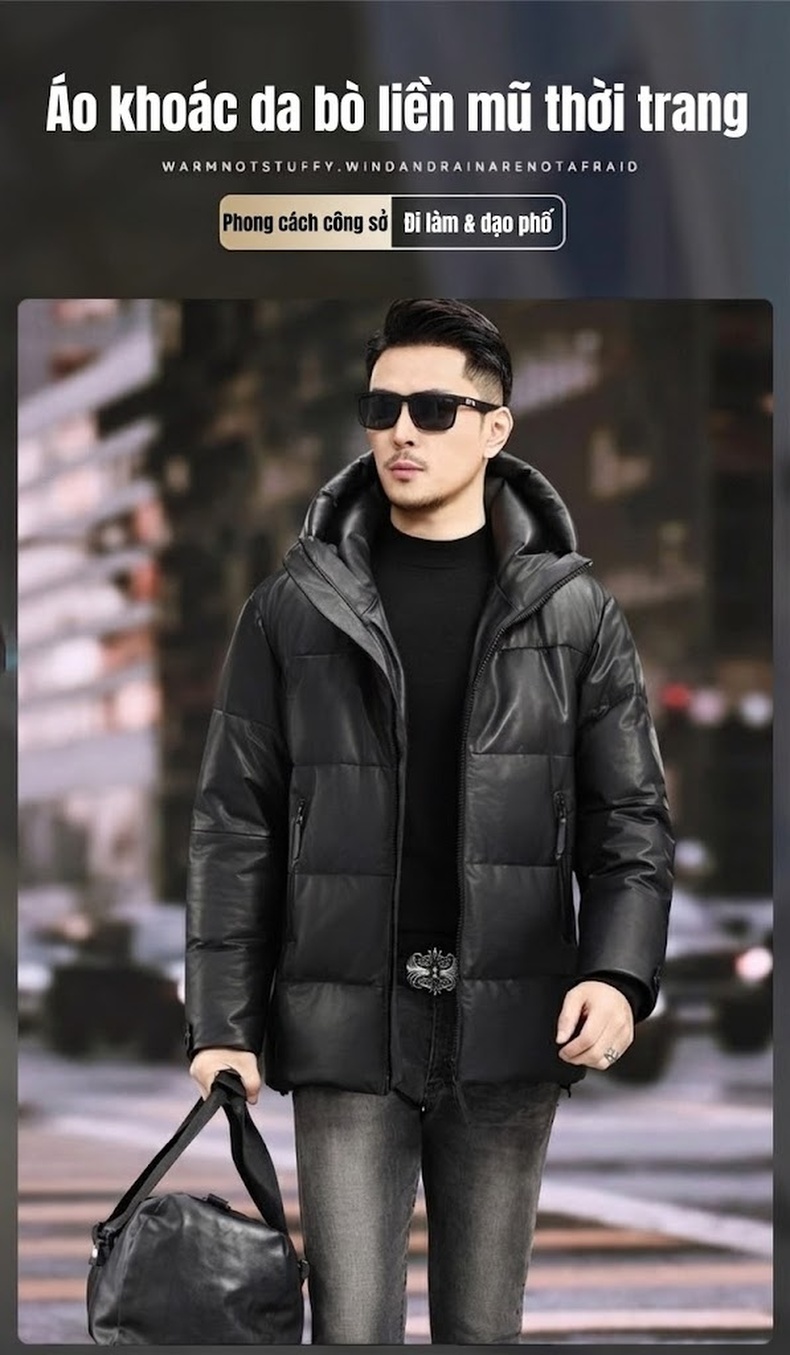 Áo Khoác Phao Nam Da Bò Dáng Dài Vừa Có Mũ Trùm Đầu Giữ Ấm Màu Đen chi tiết 1