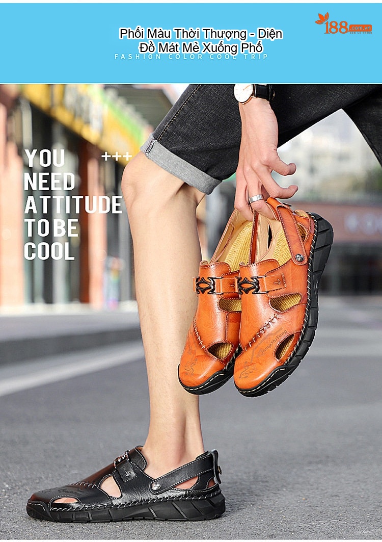 Sandal Nam Da Thật Xỏ Ngón Thoáng Khí Chiều Cao Đế Khoảng 3cm Màu Nâu, Đen chi tiết 3