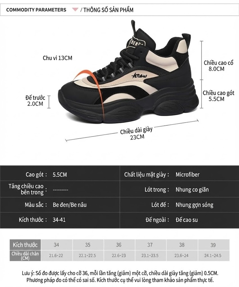 Giày Sneaker Nữ Đế Dày Tăng Chiều Cao Khoảng 5cm Kiểu Dáng Thể Thao Màu Đen, Trắng, Nâu, Kem... chi tiết 3