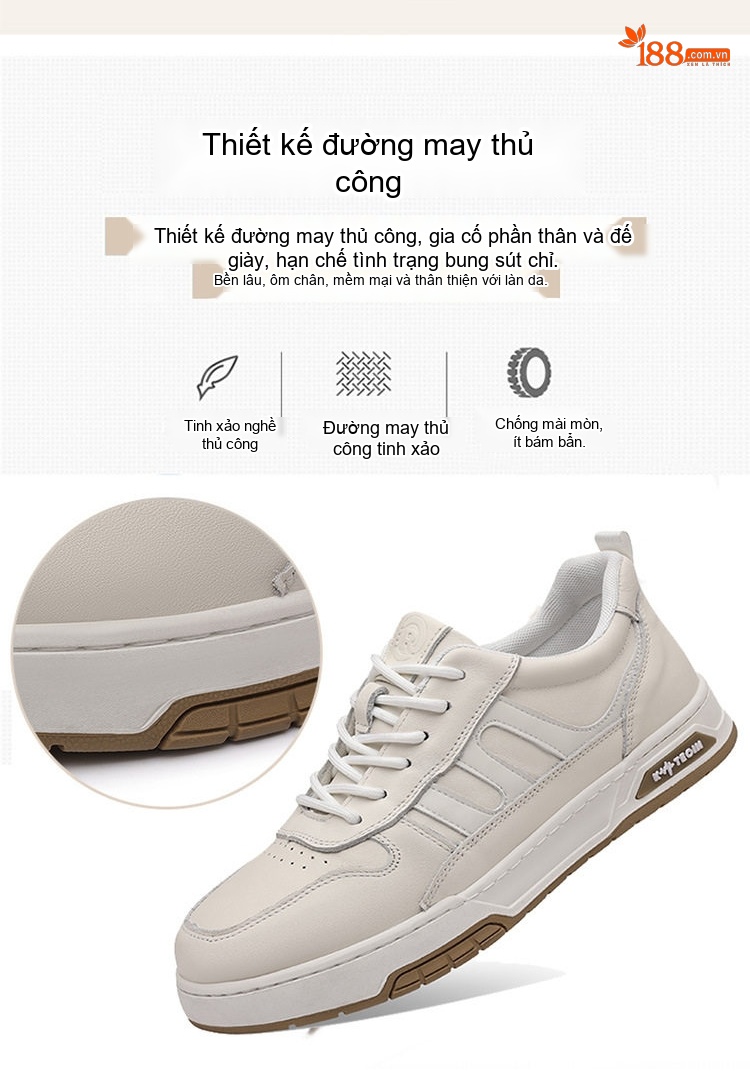 Giày Thể Thao Nam Da Thật Chiều Cao Đế Khoảng 3cm Màu Trắng, Đen chi tiết 4