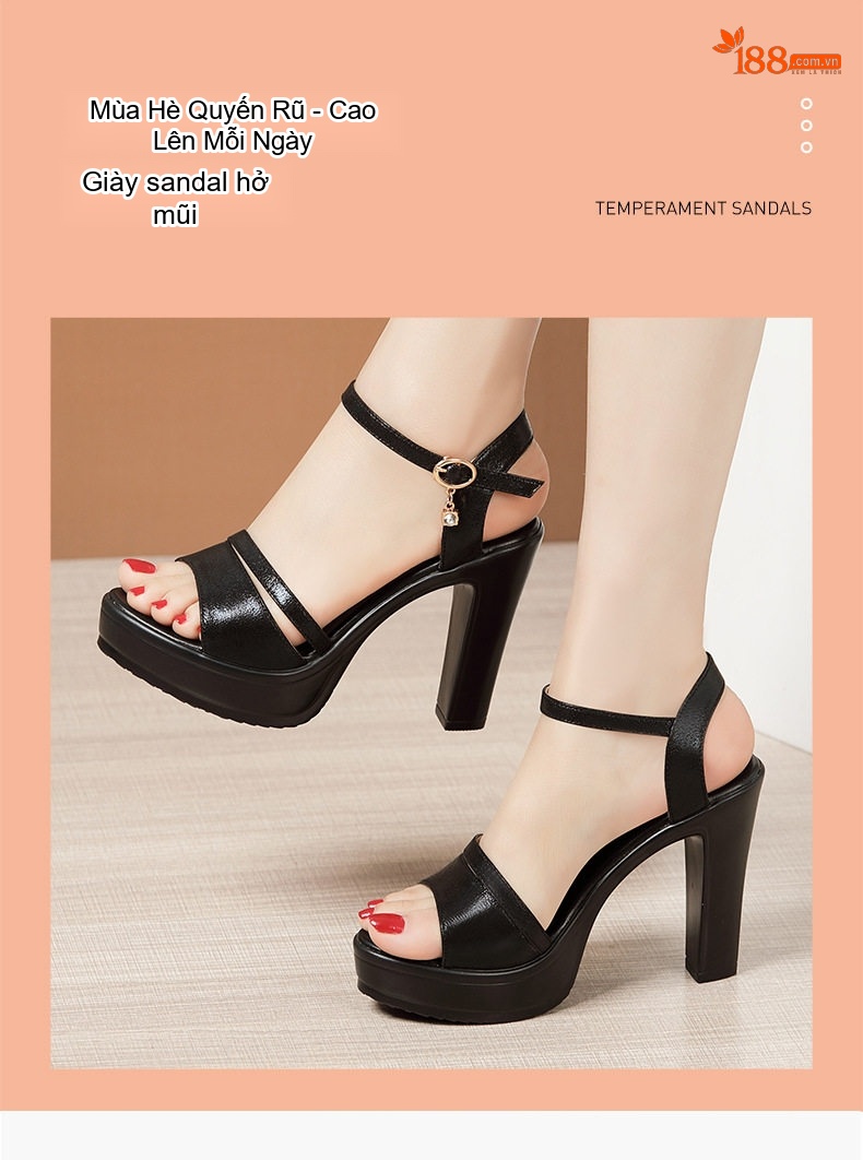 Giày Sandal Cao Gót Nữ Quai Ngang Đế Xuồng Da Bóng Gót Cao 8cm Màu Đen, Đỏ, Bạc chi tiết 3