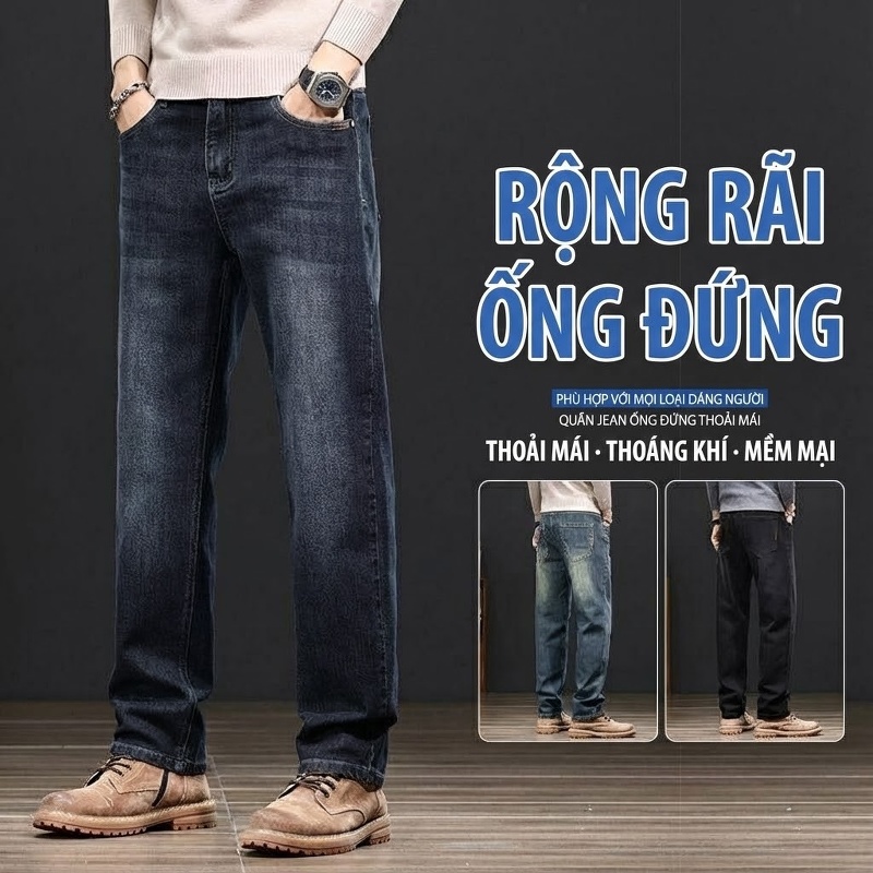 Quần Jean Nam Ống Đứng Dáng Rộng Vừa Vặn Màu Xanh Lam