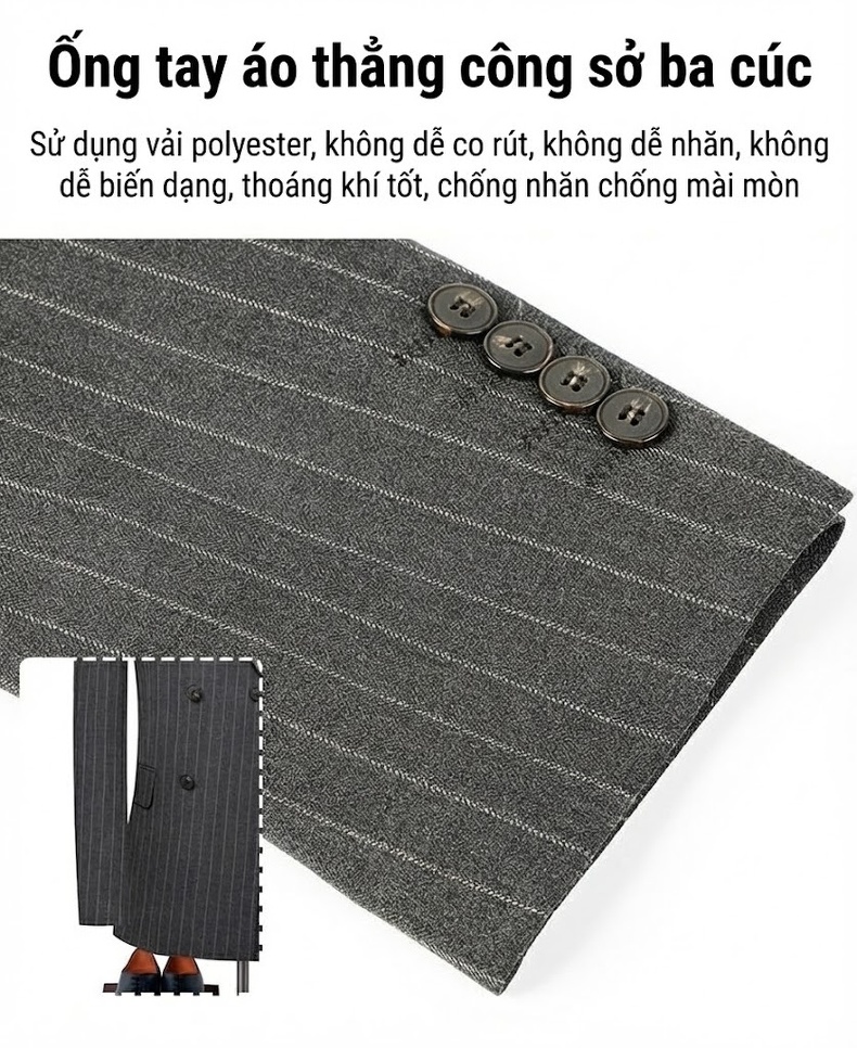 Bộ Vest Nam Kẻ Sọc Dáng Ôm Chống Nhăn Cúc Đôi Màu Xám chi tiết 7