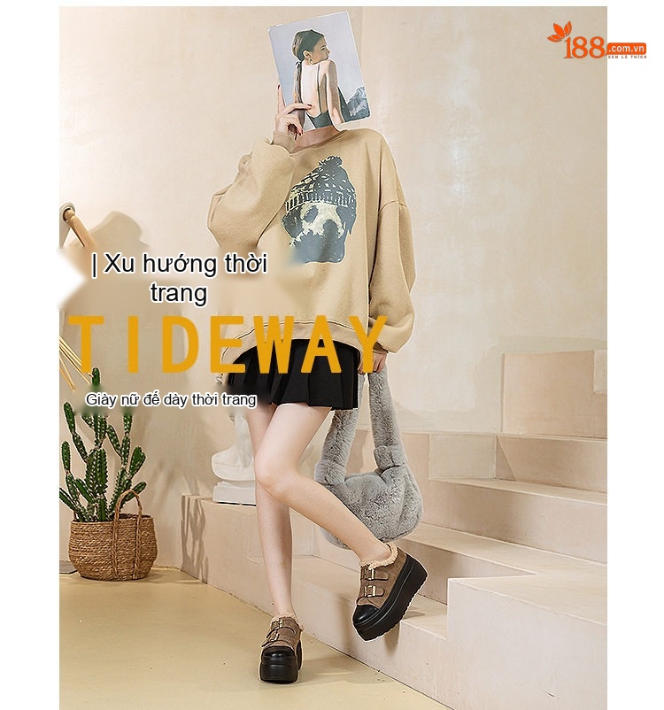 Giày Búp Bê Nữ Da Mờ Quai Dán Chiều Cao Đế 8cm Lót Lông Màu Đen, Nâu chi tiết 4