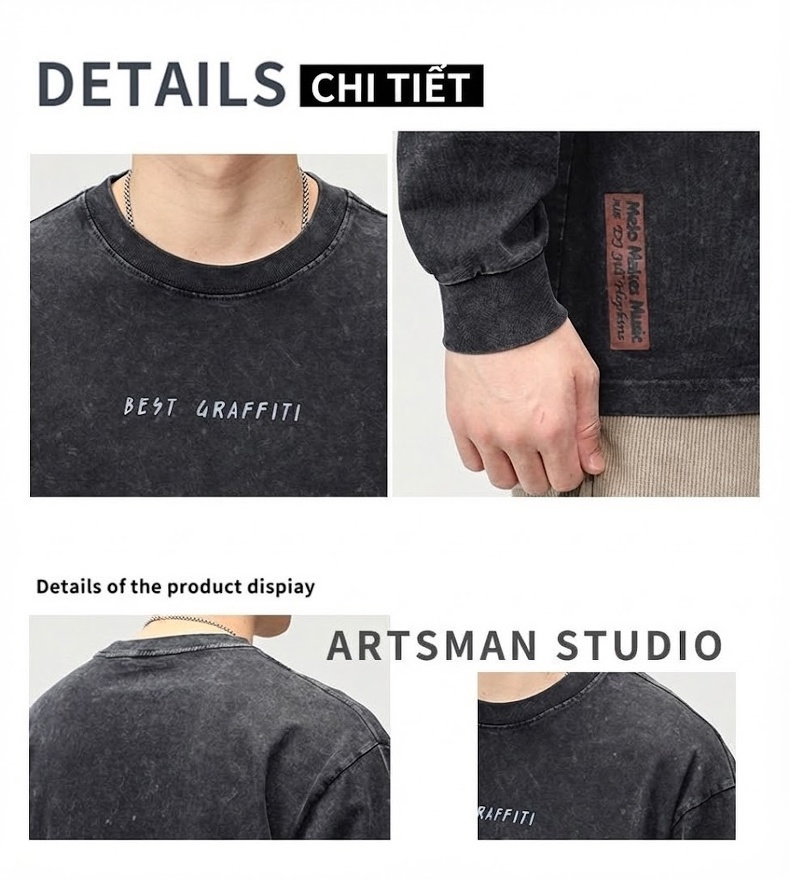 Áo Thun Tay Dài Nam Cotton Form Rộng Cổ Tròn Phong Cách Retro Màu Nâu, Xám chi tiết 4