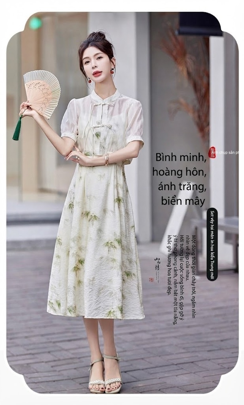Váy Bộ Quốc Phong Trung Hoa Cách Tân Nữ Thiết Kế Khóa Cài Thanh Lịch Phong Cách Nhỏ Nhắn Màu Trắng, Hồng chi tiết 2