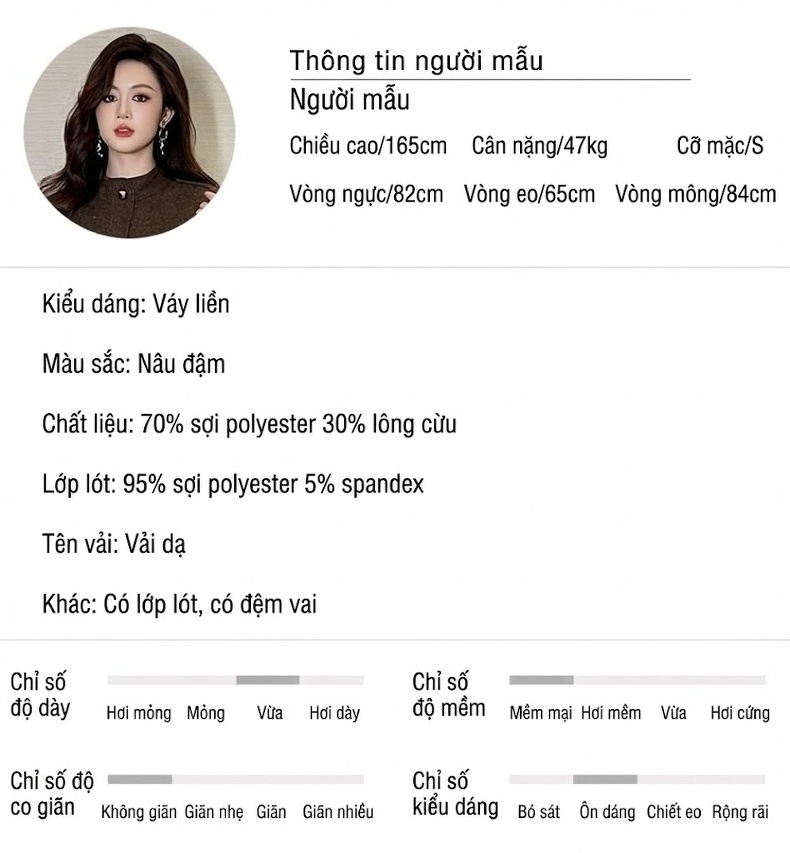 Váy Đầm Nữ Cổ Cao Tay Dài Ôm Dáng Dài Qua Gối Khuy Cài Một Hàng Chất Liệu Lông, Màu Nâu chi tiết 2