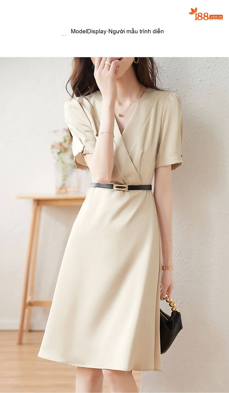 Váy liền thân Nữ Cổ chữ V Chữ A Tay Ngắn Thanh Lịch Màu Be chi tiết 5