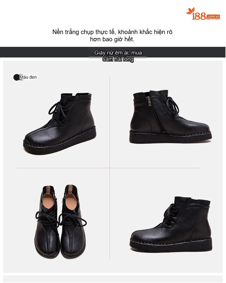 Boot Nữ Cổ Ngắn Da Bò Ôm Chân Chiều Cao Đế Khoảng 3cm Màu Đen, Nâu chi tiết 17