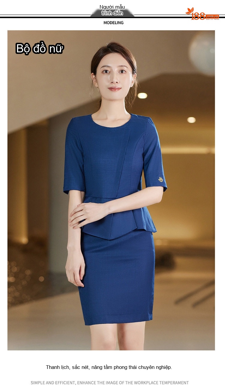 Bộ Quần Áo Công Sở Nữ Tay Ngắn Cổ chữ Vest Phong Cách Lao Feng Xiang Màu Xanh Navy chi tiết 9