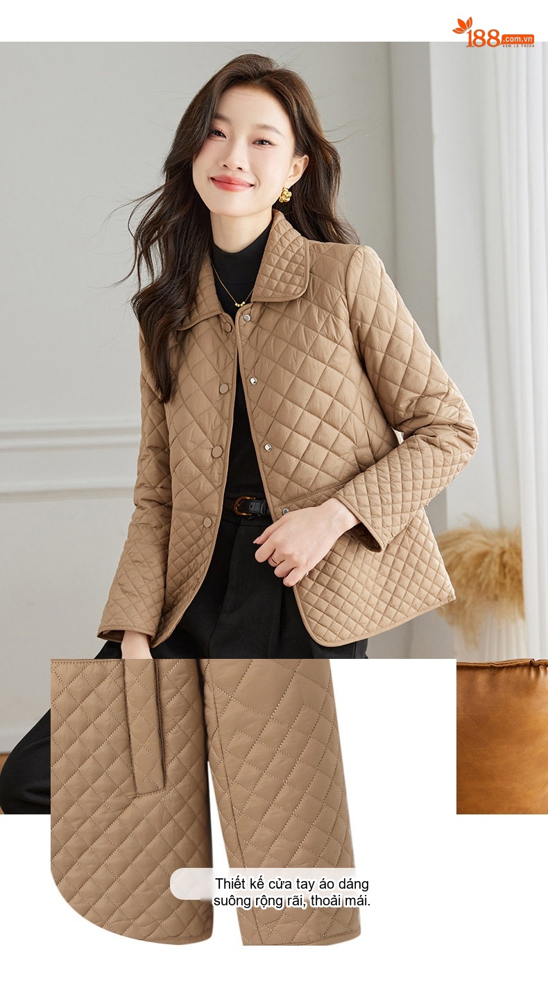 Áo Khoác Cotton Chần Bông Dáng Ôm Phong Cách Hàn Quốc Màu Be, Đen chi tiết 6