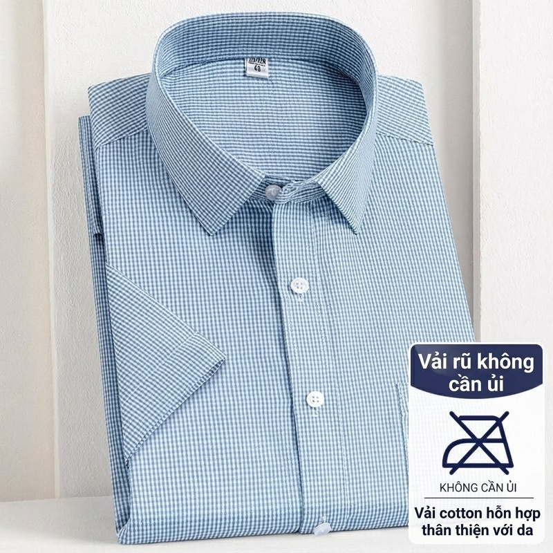 Áo Sơ Mi Nam Cotton Ngắn Tay Dáng Ôm Chống Nhăn Màu Trắng, Xanh Dương, Tím, Xám...