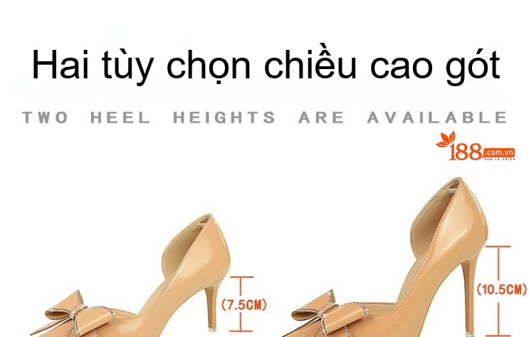 Giày Cao Gót Nữ Hở Bên Hông Mũi Nhọn Đính Nơ Chiều Cao Đế Khoảng 8cm Màu Đỏ, Đen, Kem, Nâu chi tiết 1
