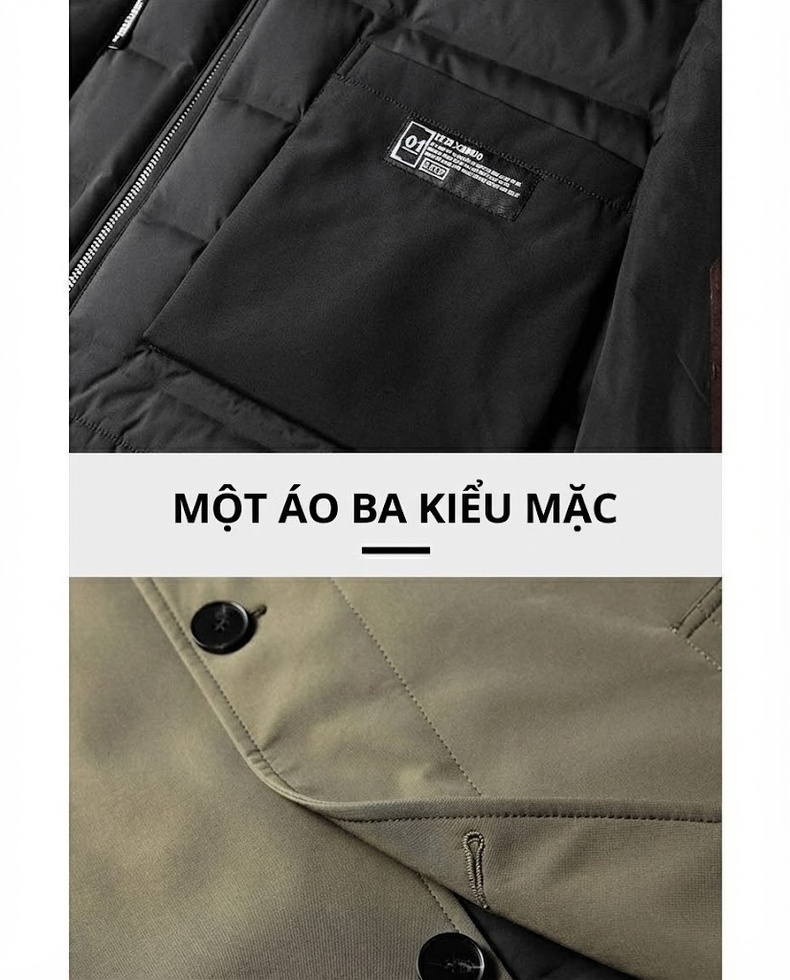 Áo Khoác Gió Nam Dáng Dài Vừa Thu Đông Có Mũ Trùm Đầu Tháo Rời Kèm Áo Phao Lót Lông Vũ Màu Xanh Olive, Đen chi tiết 7