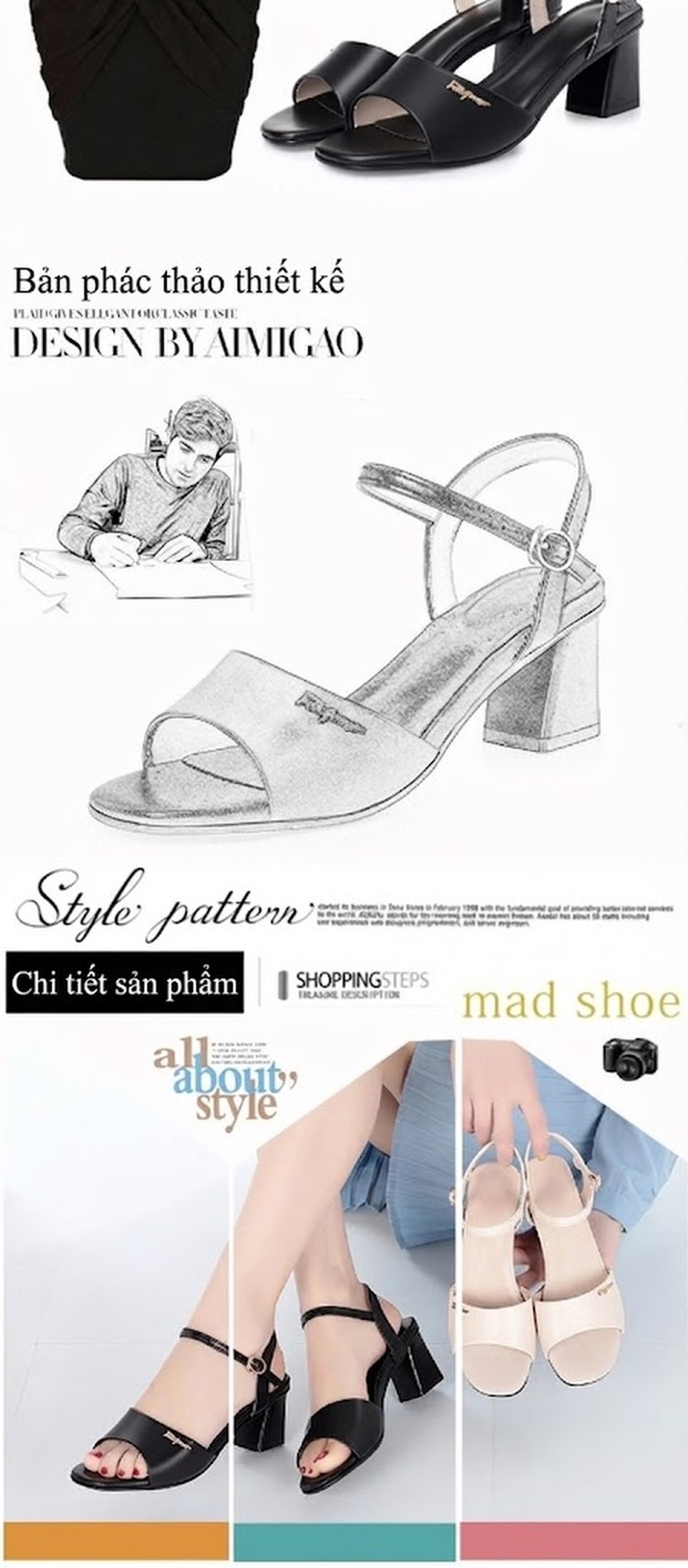 Giày Sandal Cao Gót Nữ Quai Ngang Hở Ngón Gót Vuông Da Bóng Gót Cao 7cm - 8cm Màu Kem, Đen chi tiết 1
