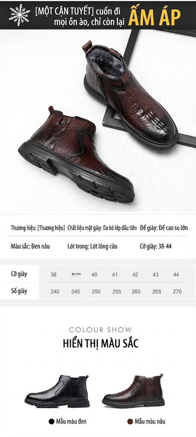 Boot Nam Da Thật Cao Cổ Lót Lông Cừu Giữ Ấm Chiều Cao Đế Khoảng 4cm Màu Đen, Nâu chi tiết 9
