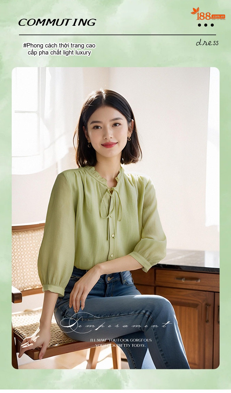 Áo Sơ Mi Nữ Cổ Bèo Tay Lỡ Màu Xanh Lục Nhạt Thiết Kế Thanh Lịch chi tiết 1