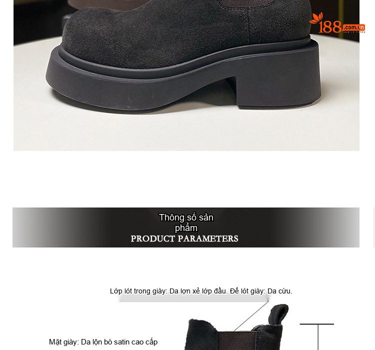 Boot Chelsea Nữ Da Bò Satin Đế Cao 5cm Màu Đen, Nâu chi tiết 2