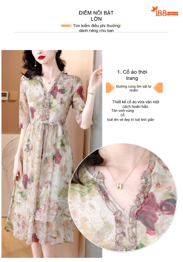 Váy Lụa Tằm Ý Họa Tiết Hoa Nhí Dáng Chữ A Thắt Eo Thanh Lịch chi tiết 3