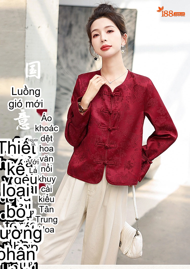 Áo Khoác Lửng Nữ Họa Tiết Jacquard Phong Cách Trung Hoa Cổ Điển Màu Đỏ, Đen chi tiết 1
