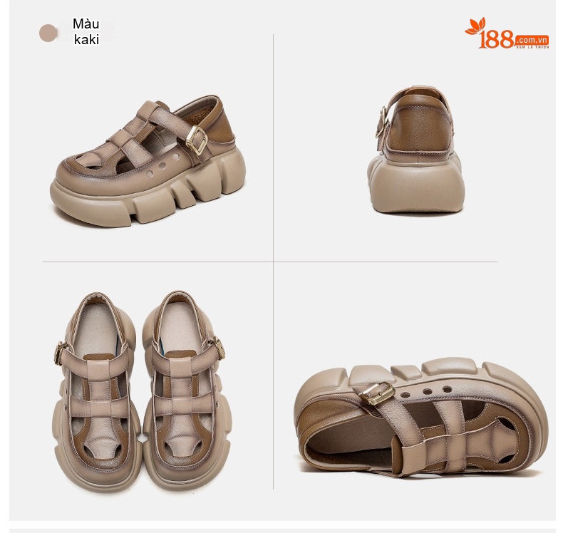 Dép Sandal Nữ Da Bò Quai Hậu Khóa Cài Đế Cao 4cm - 5cm Màu Be, Nâu, Xanh Lá chi tiết 16