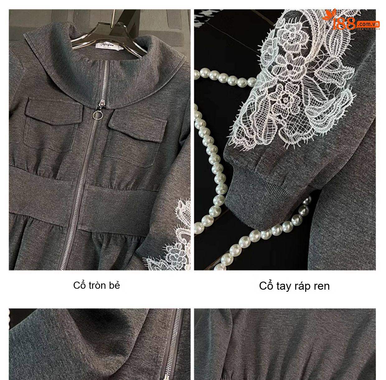 Váy Thun Nữ Dáng Dài Tay Dài Cổ Bẻ Khóa Kéo Eo Thun Màu Xám chi tiết 7