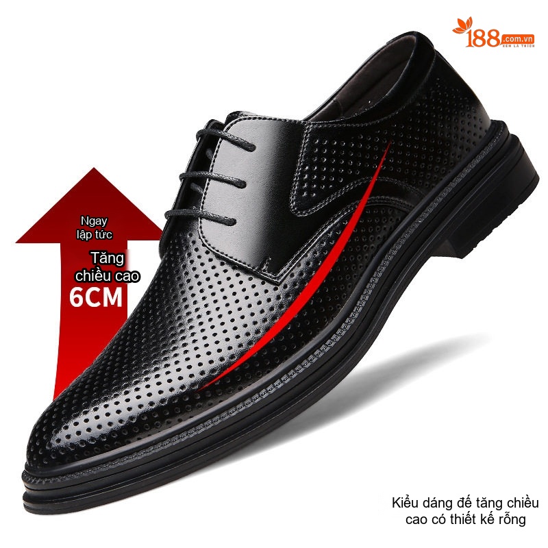 Giày Tây Buộc Dây Nam Da Bóng Chiều Cao Đế 6cm Màu Đen