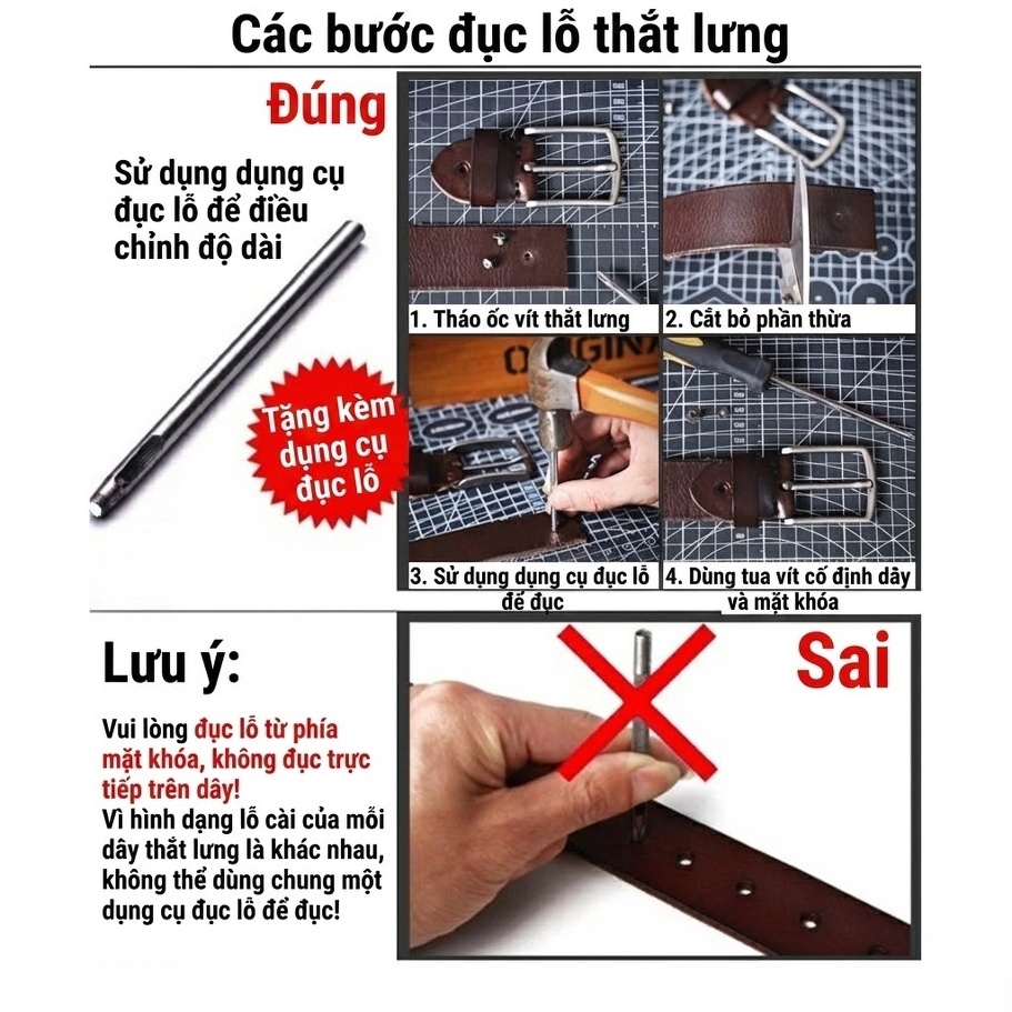 Thắt Lưng Nam Da Bò Dập Vân Khóa Kim Loại Phong Cách Retro Màu Nâu Đen chi tiết 3