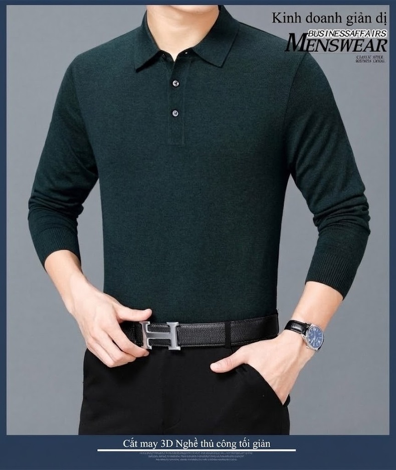 Áo Thun Polo Nam Dài Tay Cashmere Dáng Ôm Vừa Vặn Màu Đen, Đỏ, Xanh Dương, Xám... chi tiết 14
