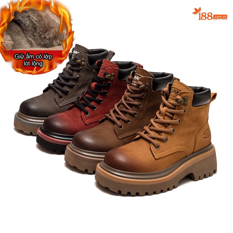 Giày Martin Nam Cổ Cao Lót Lông Giữ Ấm Phong Cách Biker Chiều Cao Đế Khoảng 5cm Màu Nâu, Đỏ, Xám...