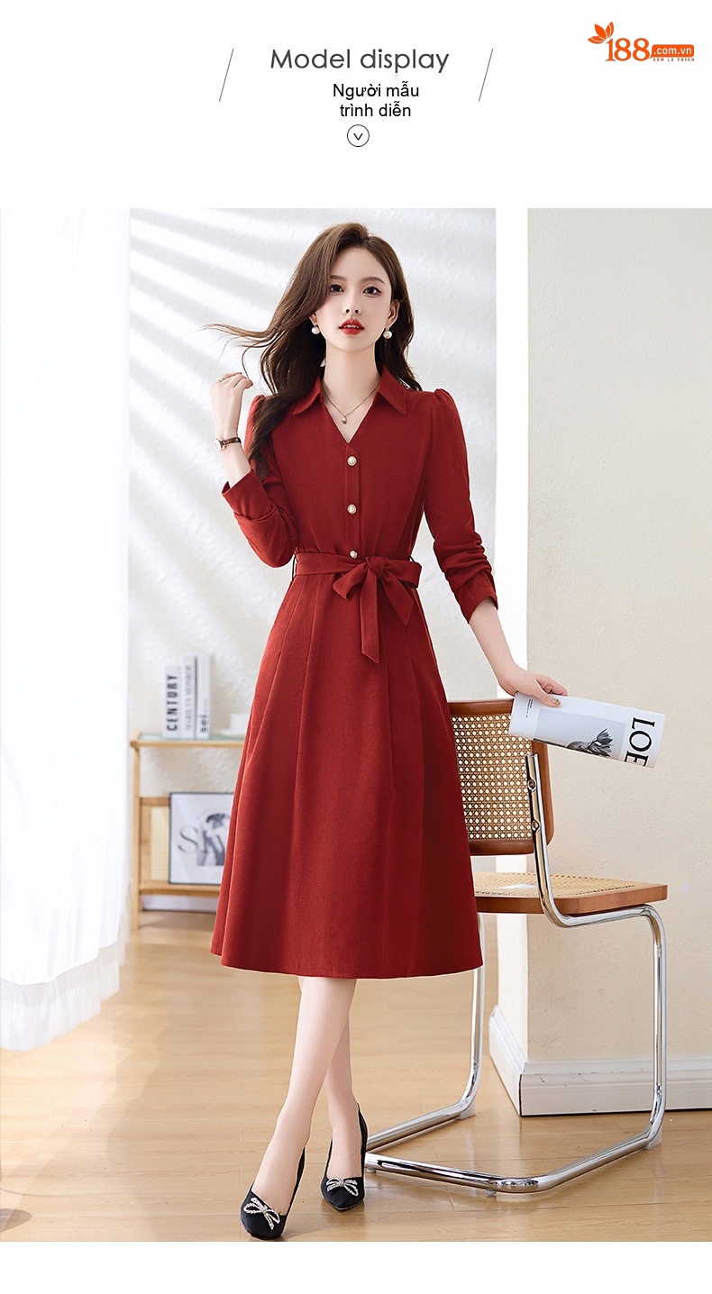 Váy Đầm Nữ dáng chữ A Thắt Eo Tay Dài Phong Cách Hàn Quốc Màu Đỏ chi tiết 19