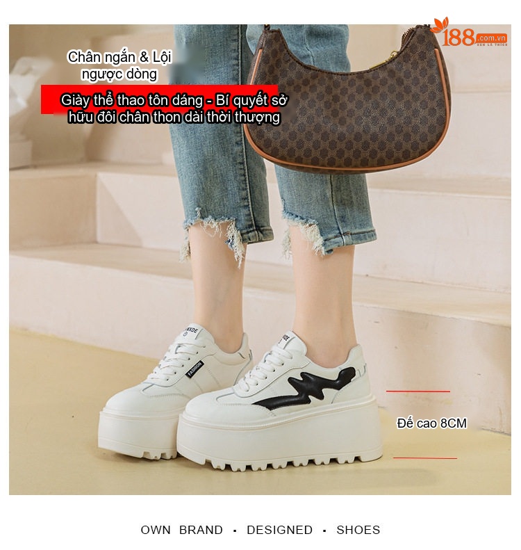 Giày Sneaker Nữ Da Bóng Đế Bánh Mì Chiều Cao Đế Khoảng 5cm Màu Trắng, Đen chi tiết 2