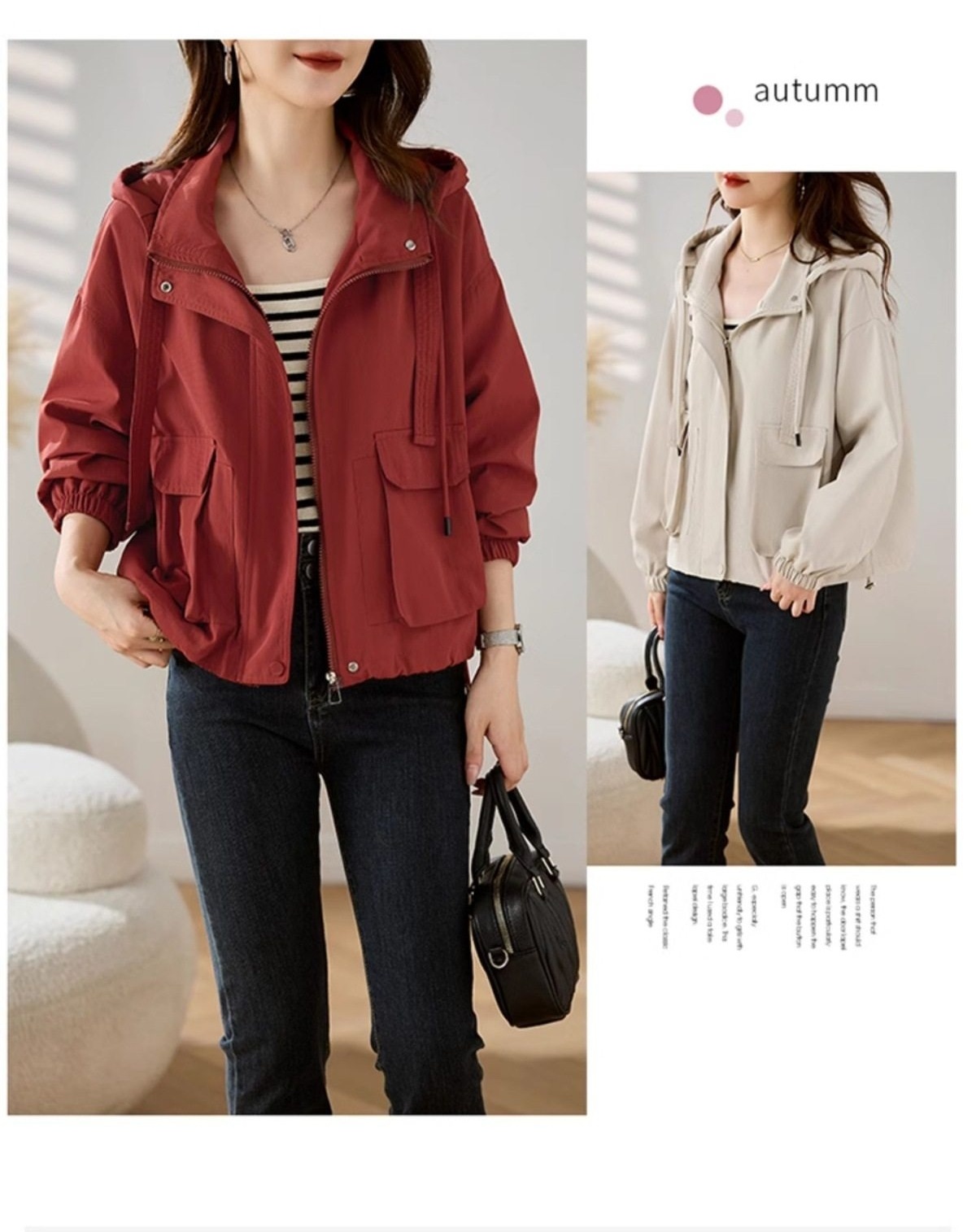 Áo Khoác Gió Nữ Form Ngắn Thiết Kế Túi Hộp Phong Cách Casual Màu Đỏ Gạch, Đen, Kem chi tiết 10