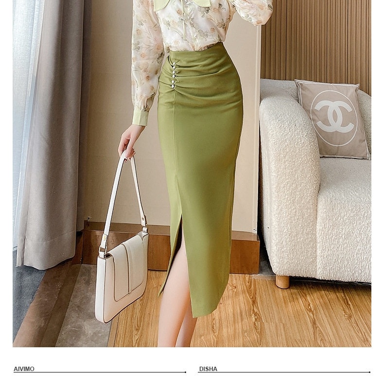 Set Bộ Áo Sơ Mi Tay Dài và Chân Váy Bút Chì Ôm Hông Xẻ Tà Phong Cách Công Sở OL Màu Xanh Olive chi tiết 3