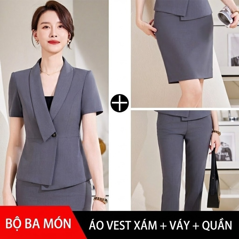 Bộ Vest Công Sở Nữ Tay Ngắn Dáng Lệch Màu Xám, Đen
