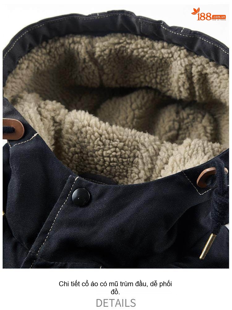 Áo Khoác Cotton Nam Lót Lông Có Mũ Trùm Đầu Dáng Rộng Màu Xanh Rêu, Xanh Navy chi tiết 16
