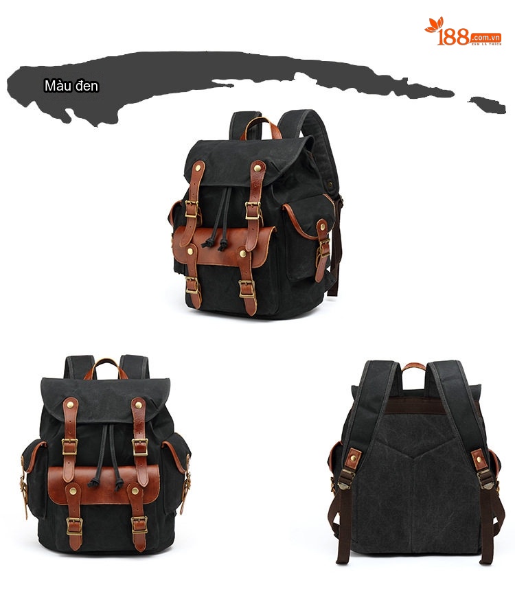Balo Đôi Nam Vải Canvas Đi Phượt Du Lịch Leo Núi Đựng Laptop Phối Da Thật Màu Xanh Rêu, Nâu, Xám, Đen... chi tiết 8