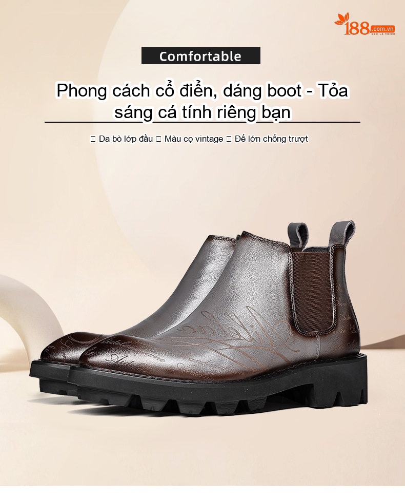 Boot Chelsea Nam Da Bò Mũi Nhọn Khắc Hoa Chiều Cao Đế Khoảng 4cm Màu Đen, Nâu chi tiết 1