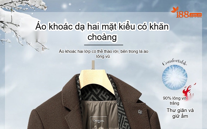 Áo Khoác Dạ Nam Lót Lông Vũ Cổ Khăn Choàng Tháo Rời Màu Đen, Nâu, Xám chi tiết 1