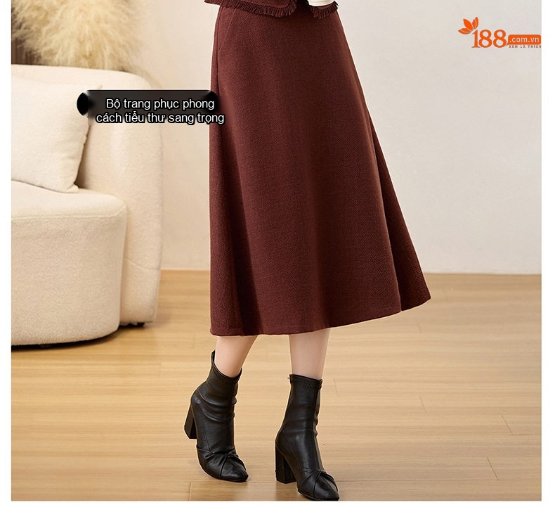 Set Áo Khoác Lửng Tay Dài Cổ Tròn và Chân Váy Midi A Line Trám Bông Dày Dặn Màu Nâu, Đỏ chi tiết 15